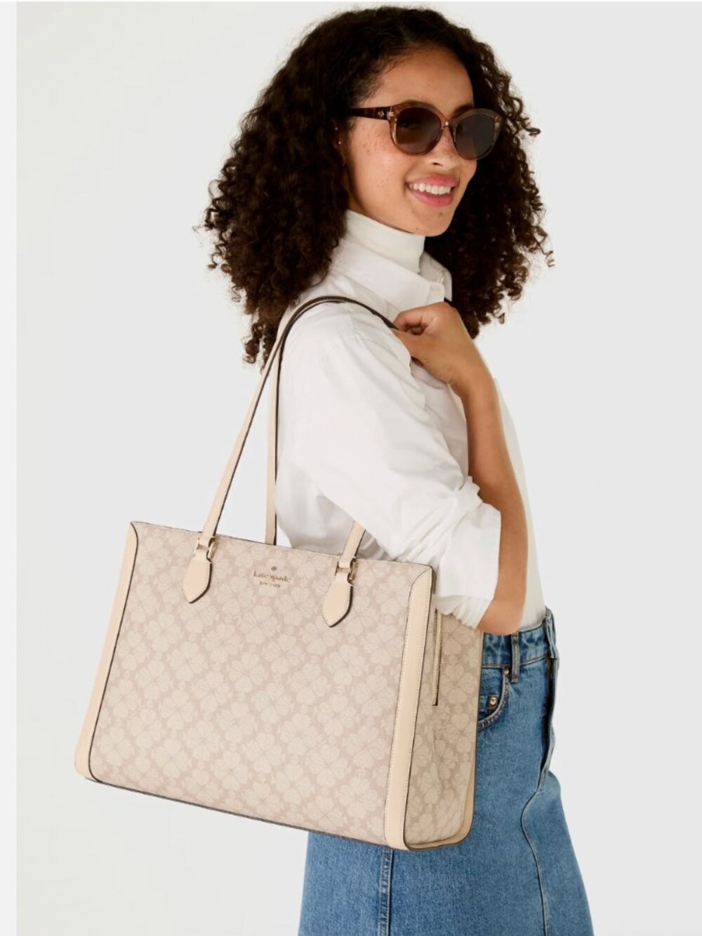 New Kate Spade Signature Spade Flower Large Laptop Tote Dark Beige